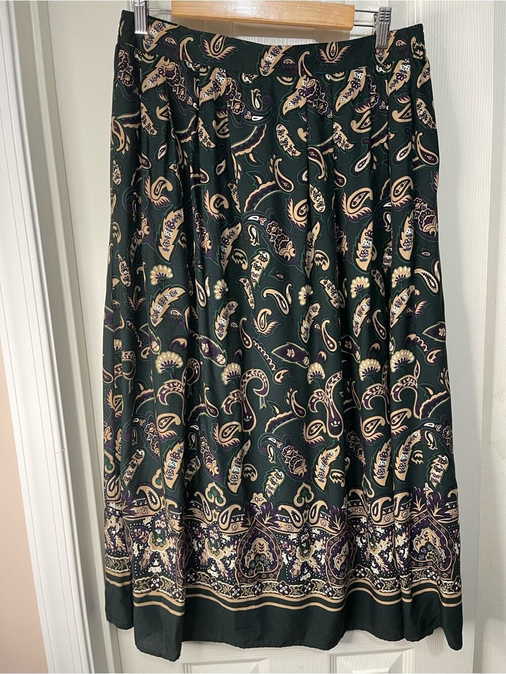 VTG Green Forest Fairy Paisley Y2K Vintage Elastic Waist Pull on Midi Skirt LG